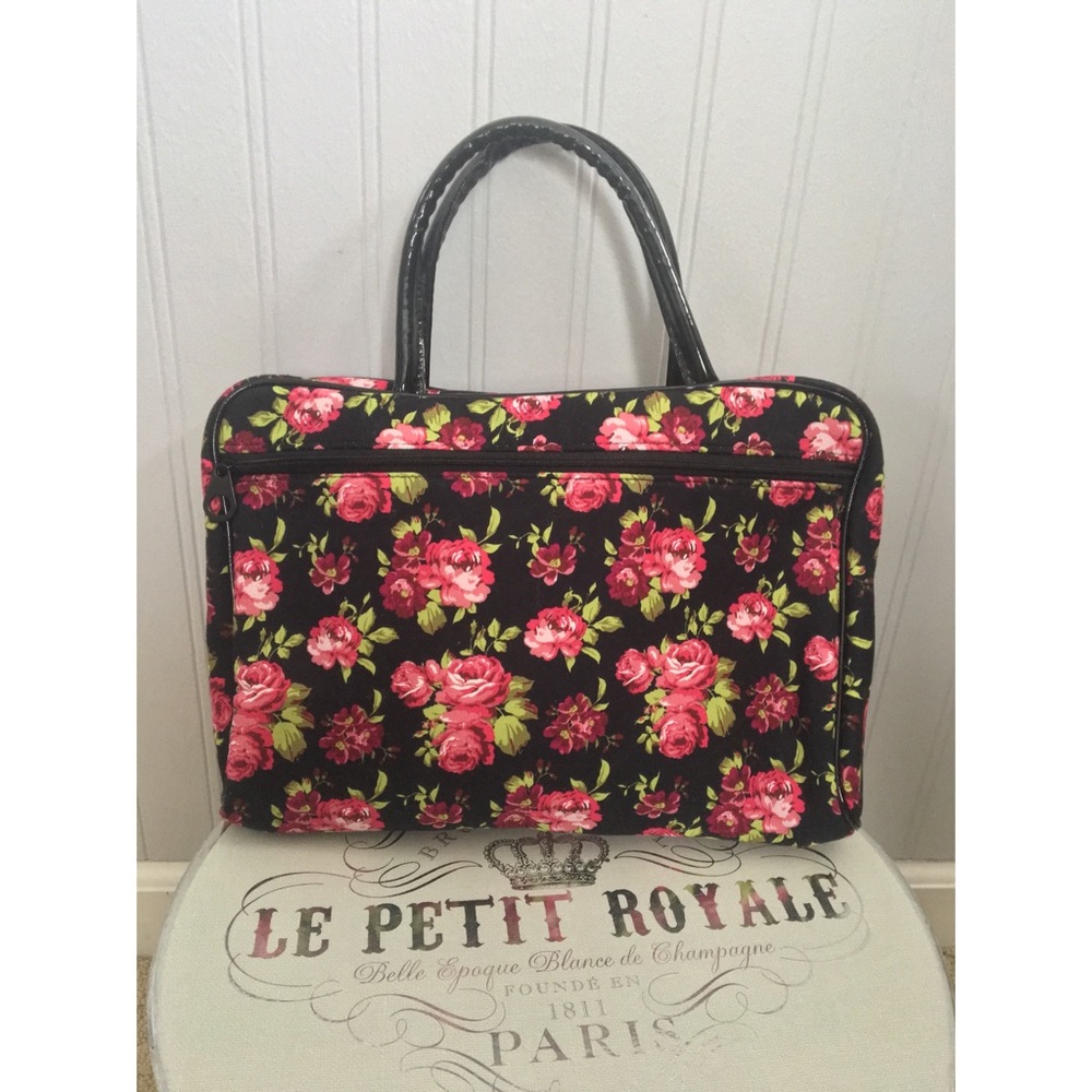 Black & Pink Floral Polka Dot Travel Makeup Bag